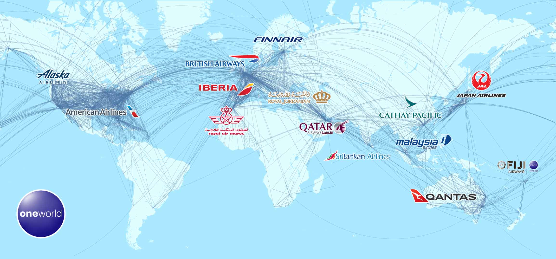 Map of the world that shows the routes that the oneworld Alliance Partners fly.